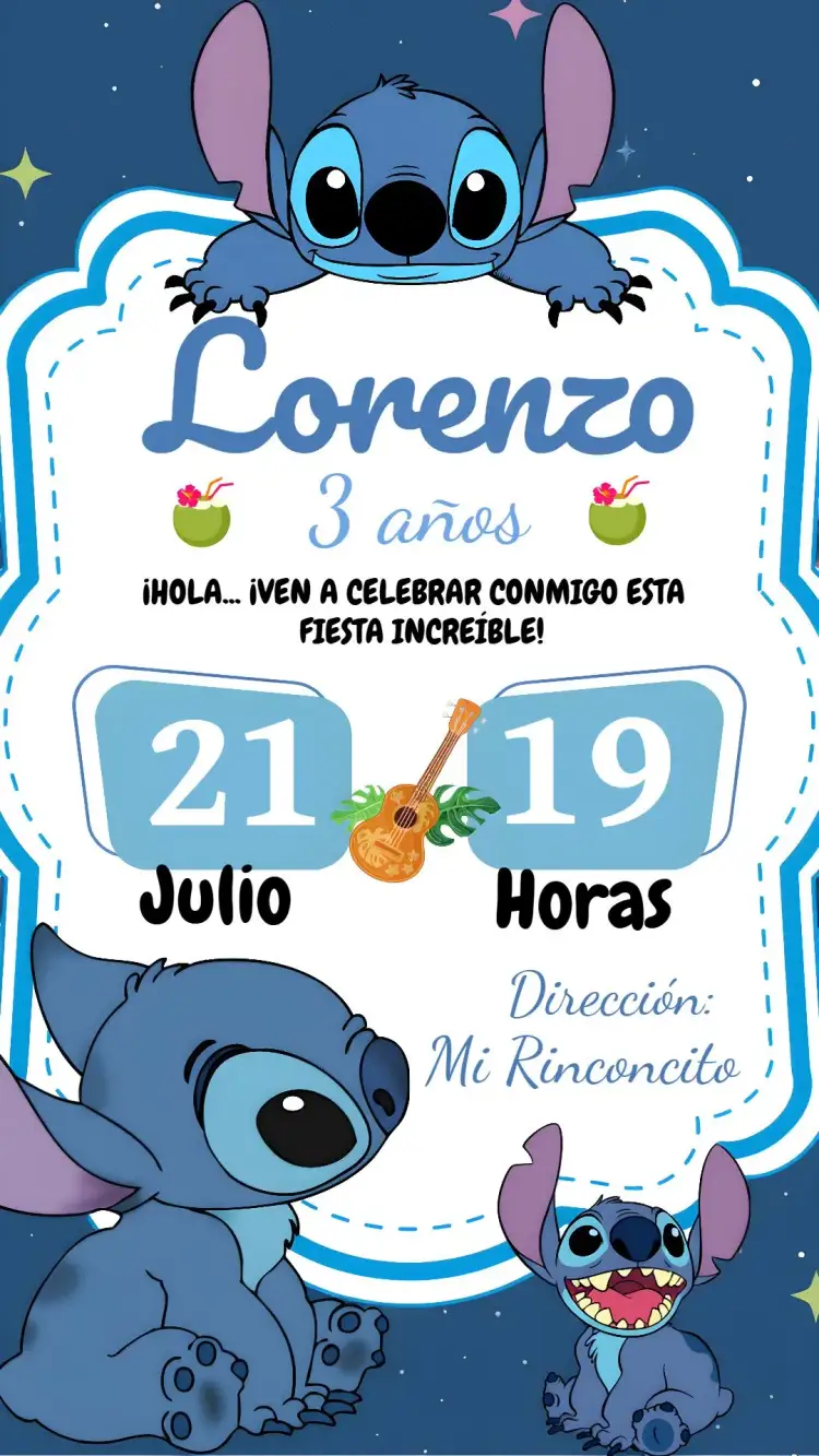Invitación Stitch Infantil – tema Más buscados azul, Disney, temática infantil, divertido, colorido, moderno