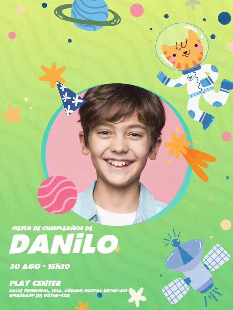 Invitación Infantil Con Foto Niño Verde Gato – tema Cumpleaños Infantil lúdico, colorido, divertido, moderno, infantil, temático