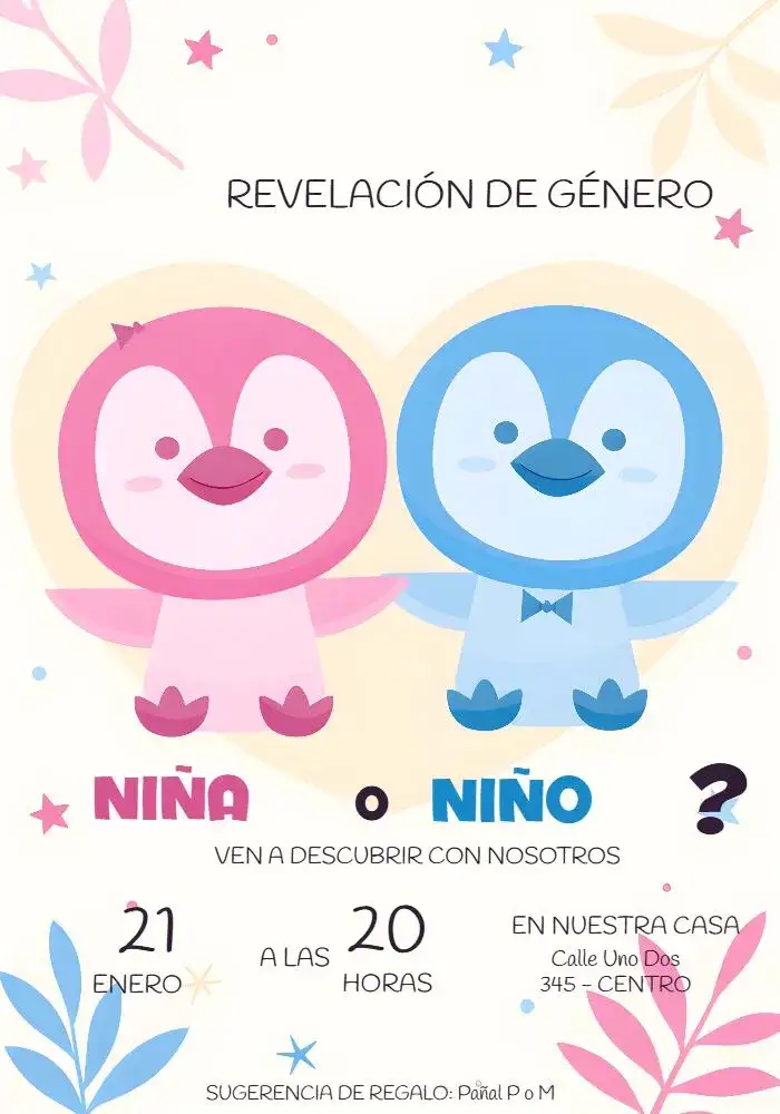 Invitación Baby Shower Pingüinos Rosa – tema Revelación Bebé bonito, colorido, infantil, moderninho, animales, lúdico