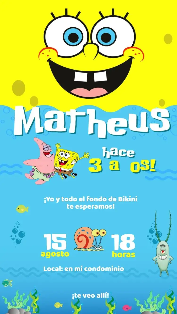 Invitación Bob Esponja – tema Cumpleaños Infantil colores vibrantes, estilo de caricatura, elementos del fondo marino, inspirado en dibujos animados, diseño divertido, estilo alegre