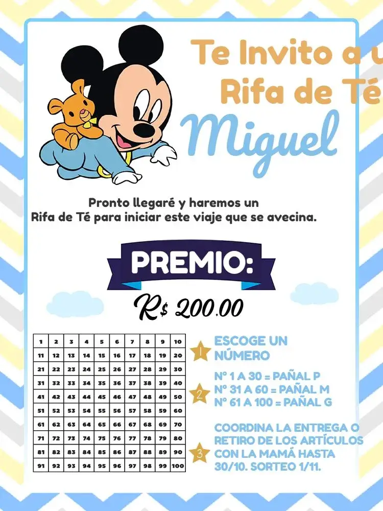 Invitación Té de Rifa Mickey Mouse Bebé Azul