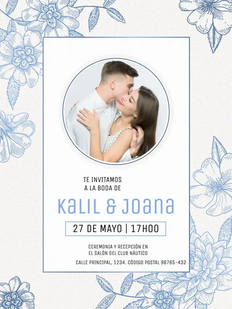 Invitación Matrimonio Floral Delicado Pareja – tema Boda floral, minimalista, delicado, elegante, azul, romántico