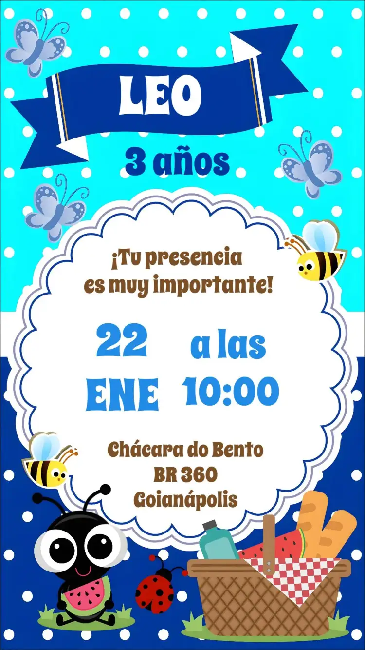 Invitación Picnic Niño – tema Cumpleaños Infantil colorido, lúdico, natural, divertido, alegre, infantil