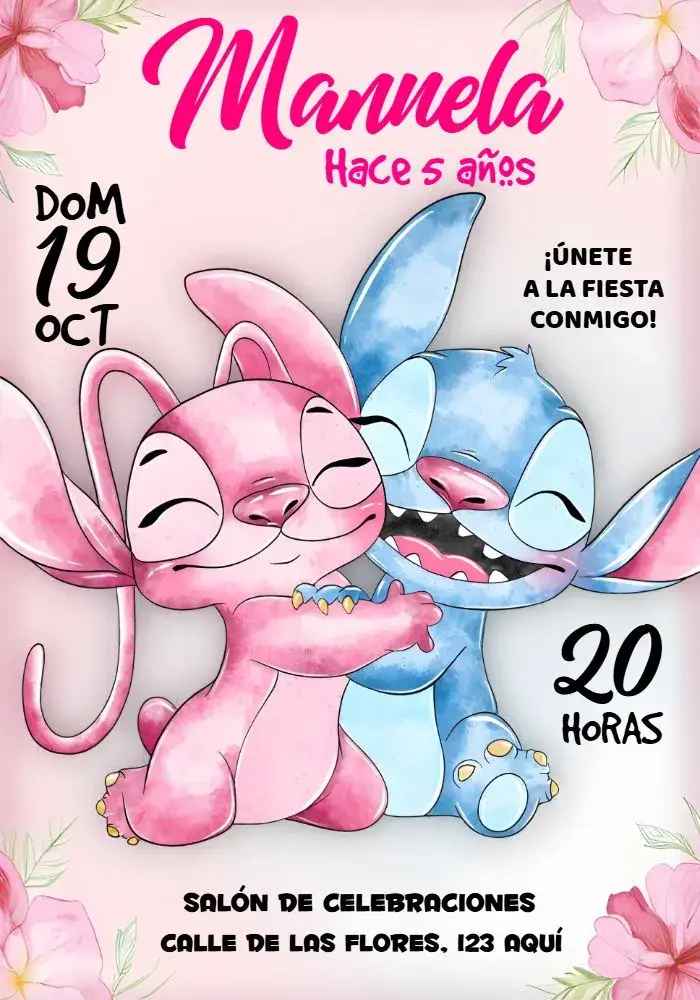 Invitación Stitch Y Angel Azul