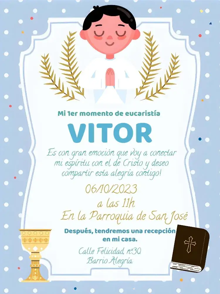 Invitación Primera Comunión Iglesia – tema Primera Comunión azul y blanco, minimalista, moderno, religioso, clásico, infantil