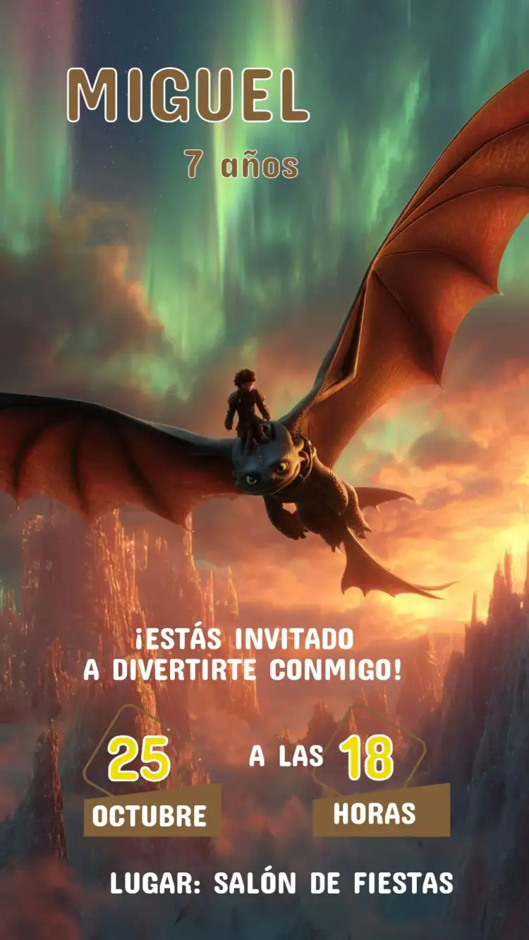 Invitación Invitación Cumpleaños Cómo entrenar a tu dragón – tema Cumpleaños Infantil colorido, aventura, fantasía, ilustraciones de dragones, divertido, infantil