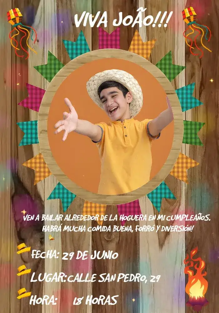 Invitación Arraiá Con Sombrero de Foto – tema Fechas Conmemorativas colorido, festivo, rústico, tradicional, vintage, alegre