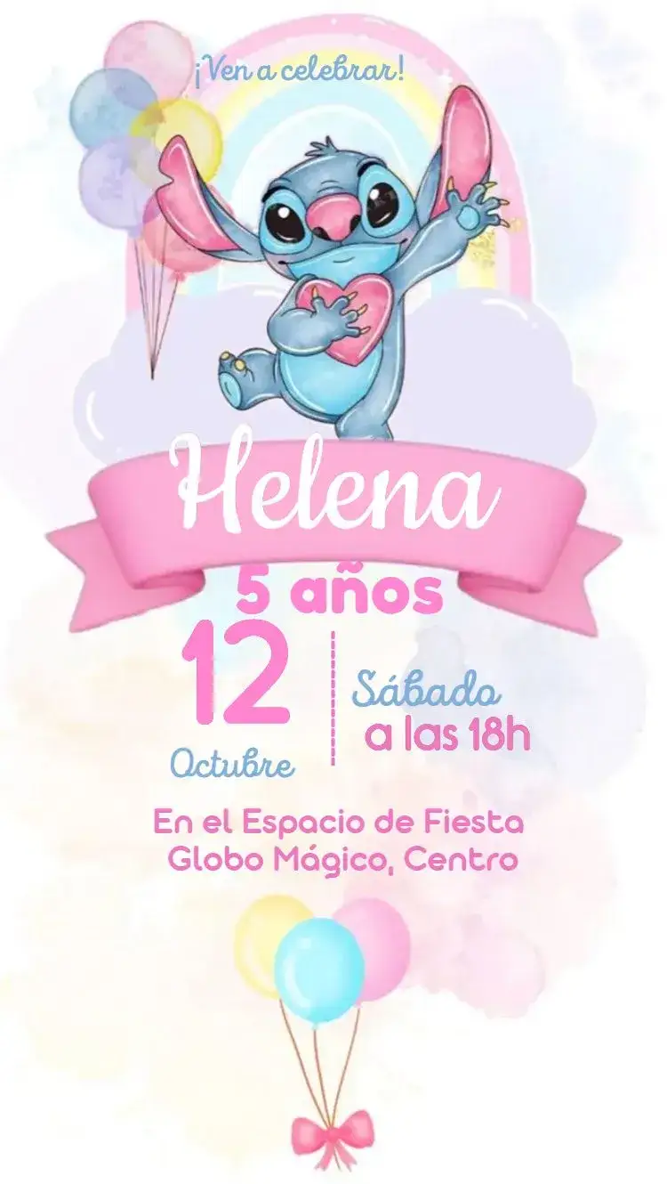 Invitación Stitch rosa con arcoíris – tema Más buscados pastel, acuarela, infantil, colorido, lúdico, divertido