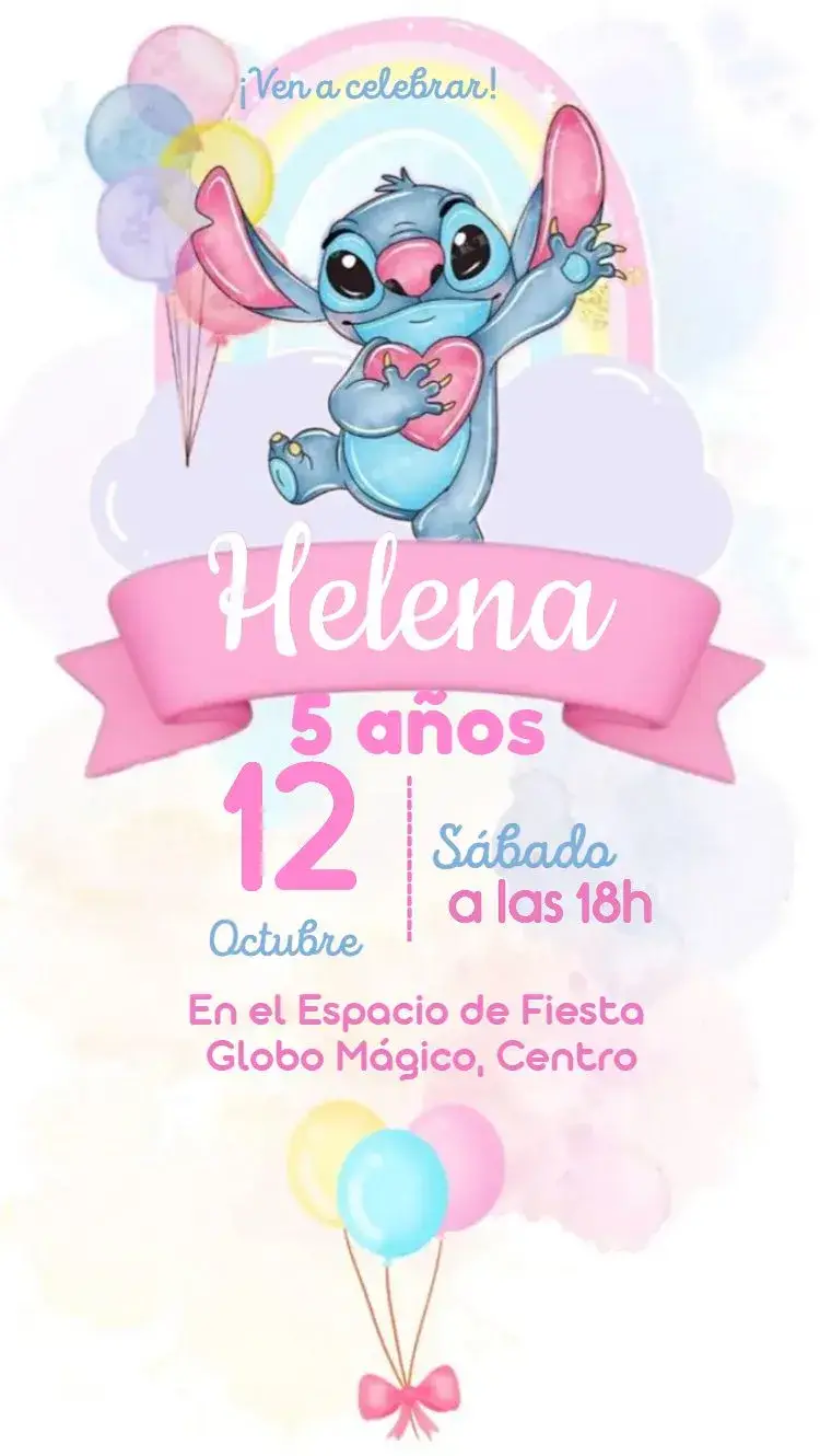 Invitación Stitch rosa con arcoíris