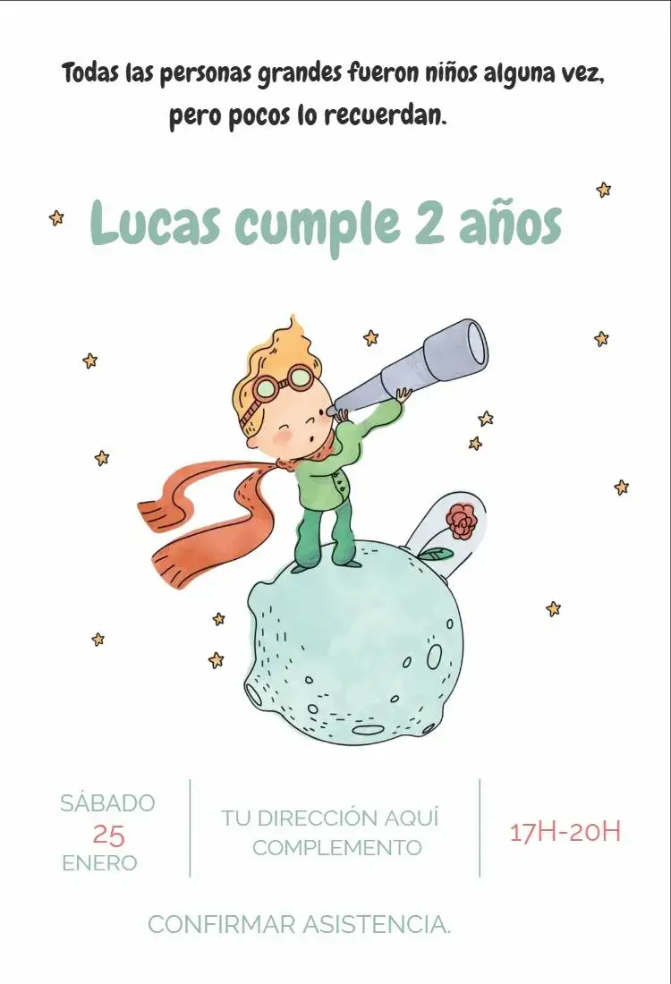 Invitación El Principito – tema Cumpleaños Infantil aquarela, lúdico, tonos suaves, infantil, colorido, ilustraciones