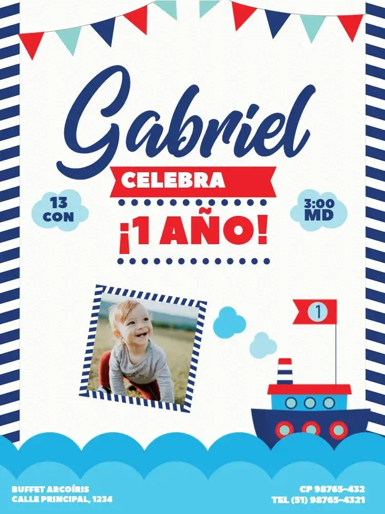 Invitación Infantil De 1 Año Marinero Nube