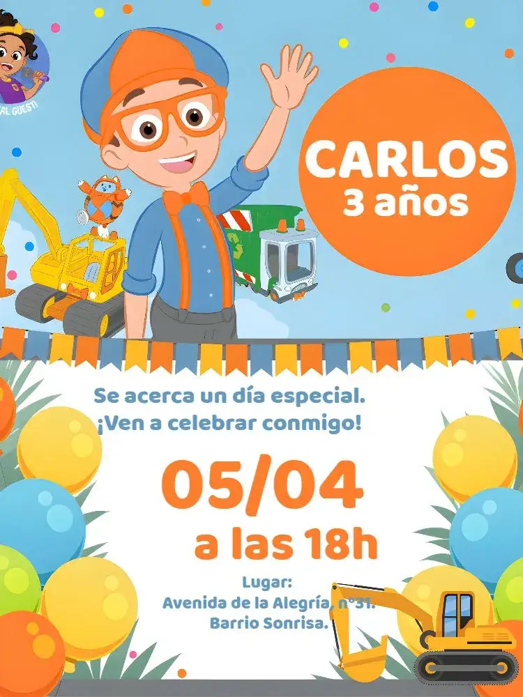 Invitación Blippi Azul – tema Más buscados azul, naranja, blanco, divertido, construcción, fiesta infantil