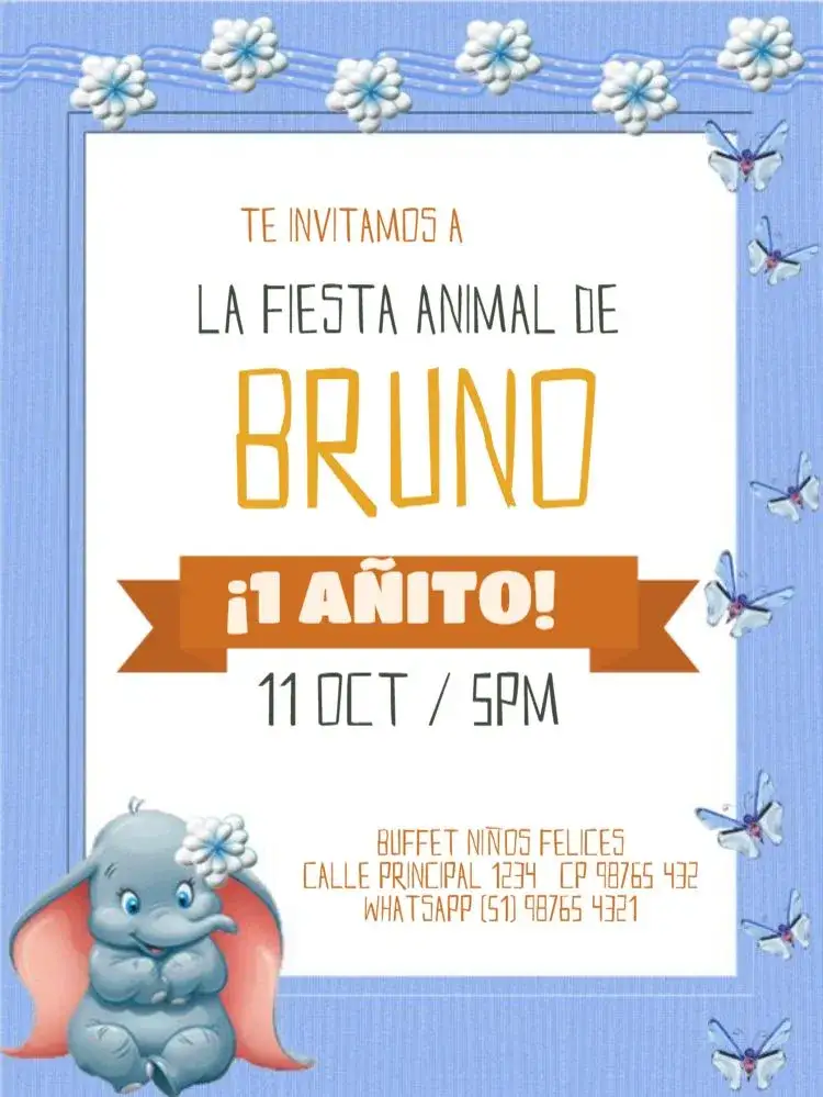 Invitación Elefante 1 Año Para Editar Beige – tema Cumpleaños Infantil safari, animales, colores claros, lúdico, divertido, tropical