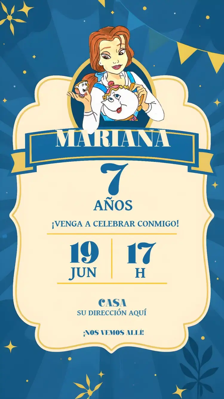 Invitación La Bella y la Bestia Infantil – tema Bautismo azul, Disney, fiesta infantil, mágico, lúdico