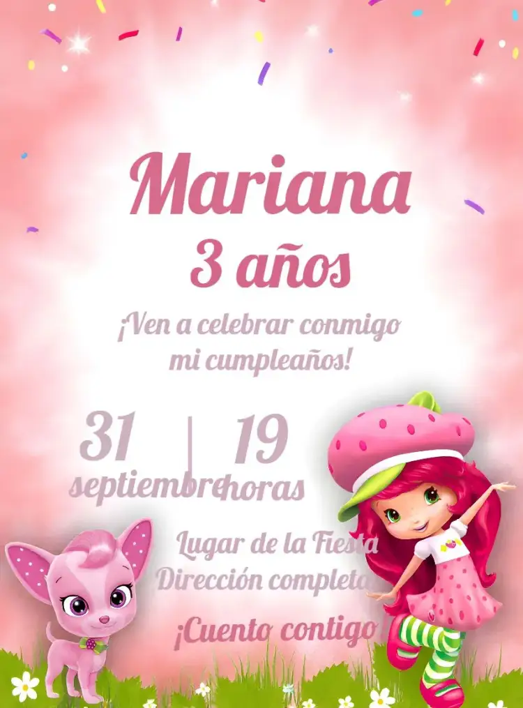 Invitación Fresa Dibujo – tema Más buscados colores pastel, infantil, tierno, juguetón, tropical, modernito
