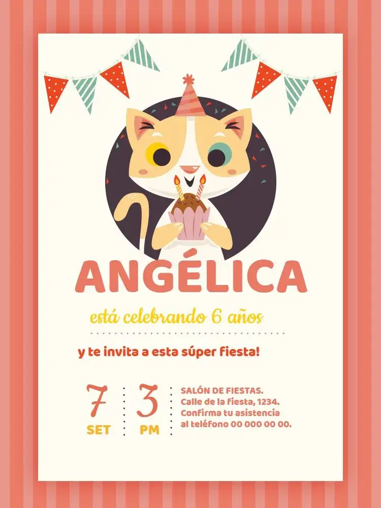 Invitación Gatito Niña – tema Cumpleaños Infantil rosa, gatitos, banderitas, divertido, colorido, infantil