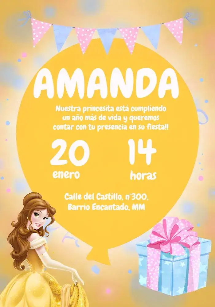Invitación La Bella y la Bestia Princesa – tema Bautismo amarillo, Disney, princesa, lúdico, colorido, ilustraciones encantadoras