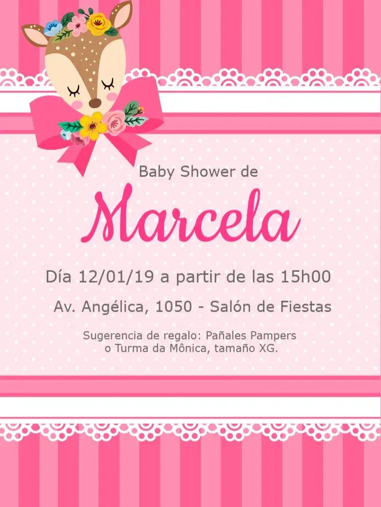 Invitación Baby Shower Delicado – tema Baby Shower delicado, floral, rosa, rayas, topos, femenino