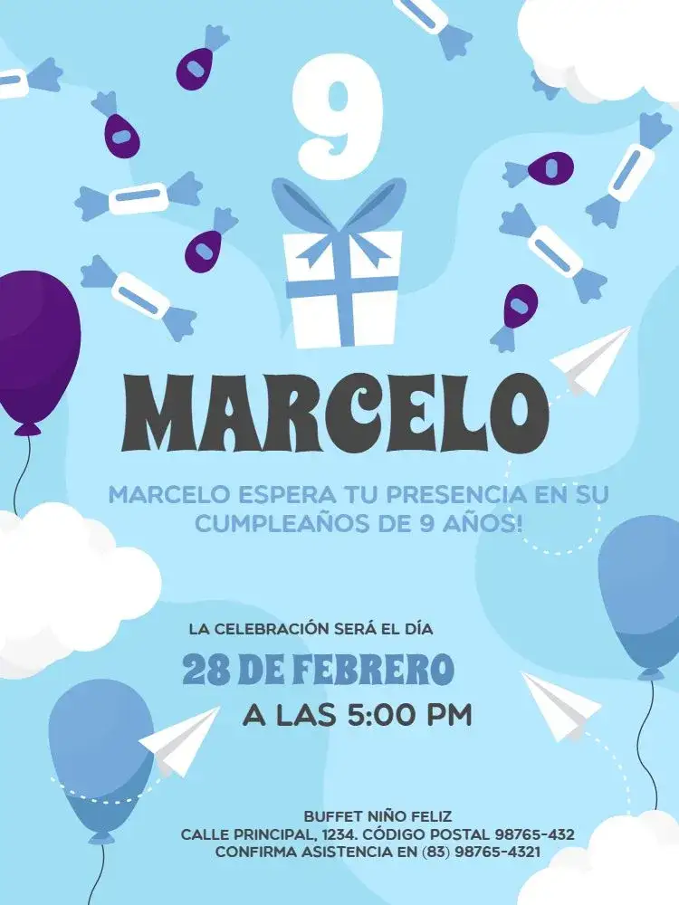 Invitación Infantil Masculino Azul Encuentro – tema Cumpleaños Infantil lúdico, azul claro, nuvens, globos, divertido, infantil
