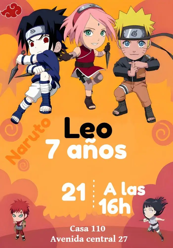 Invitación Naruto – tema Cumpleaños Infantil anime, colorido, aventura, ninja, moderno, divertido