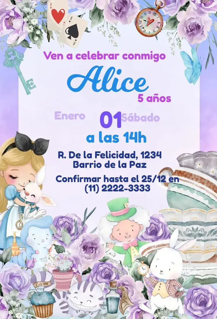 Invitación Alicia en el País de las Maravillas Lila – tema Más buscados lila, fantasía, ilustraciones clásicas, carnaval de colores, elementos gráficos lúdicos, estilo vintage