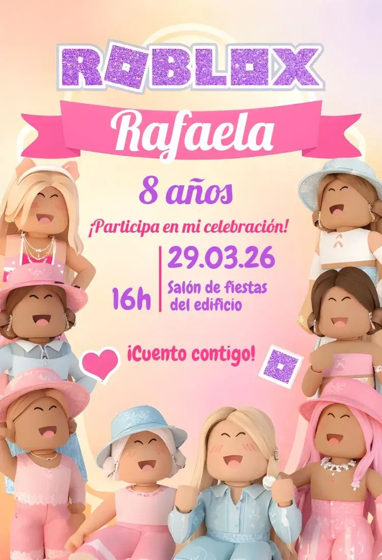 Invitación Roblox Rosa editable y personalizable
