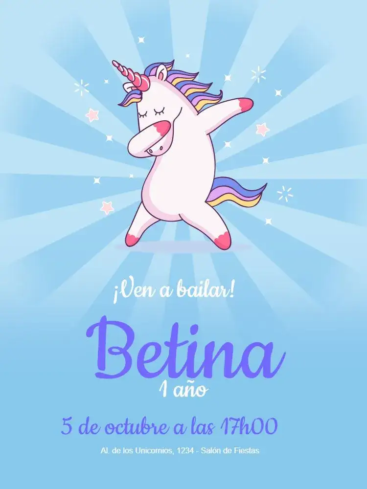 Invitación Whatsapp – tema Cumpleaños Infantil azul, unicornio, divertido, infantil, moderno, lúdico