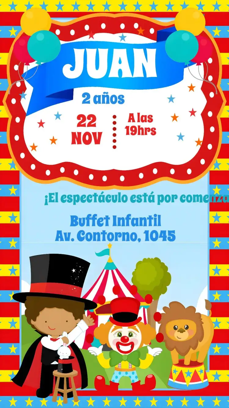 Invitación Circo Mágico – tema Cumpleaños Infantil colorido, divertido, ilustraciones de circo, estilo lúdico, mágico, vibrante