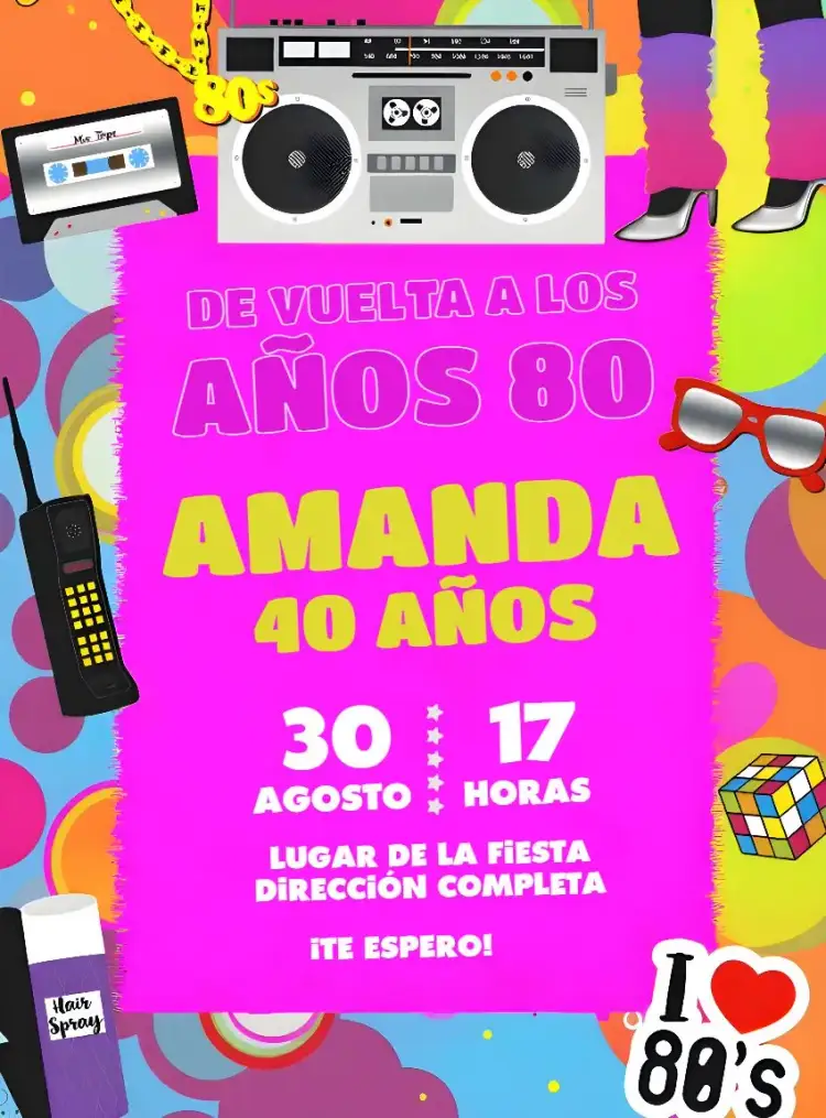 Invitación Años 80 Rosa – tema 15 años retro, vintage, colorido, divertido, jovem