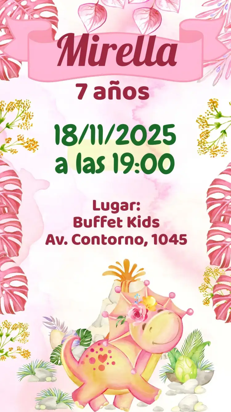 Invitación Dinosaurio – tema Cumpleaños Infantil rosa, dinosaurios, colorido, divertido, infantil, temático