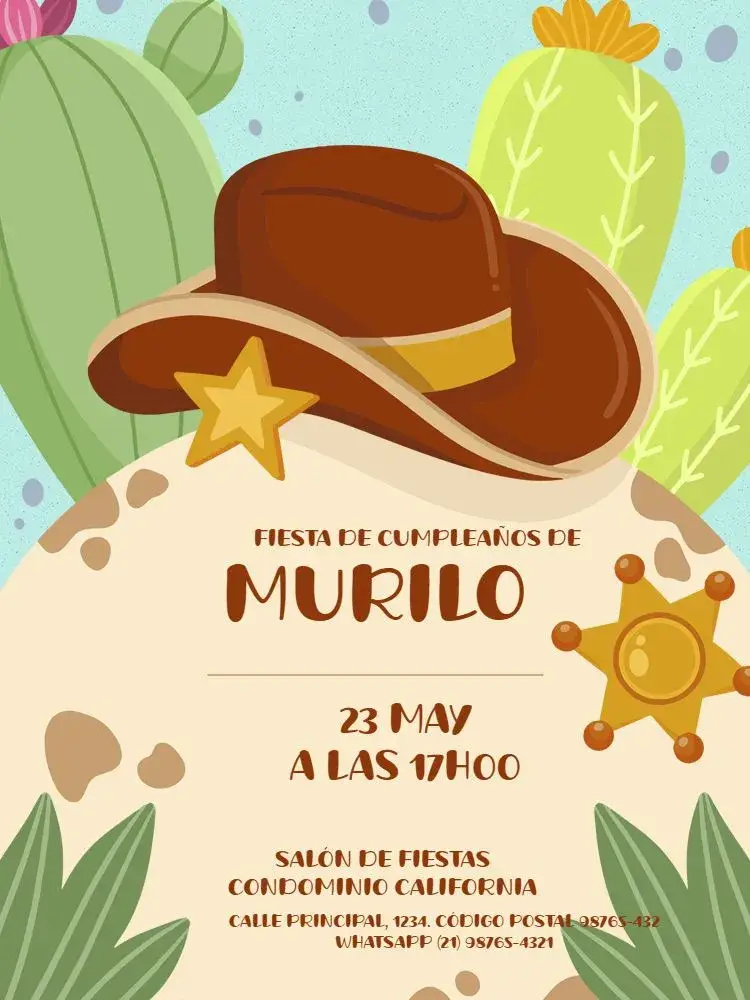 Invitación Infantil Sombrero Vaquero Cactus editable y personalizable