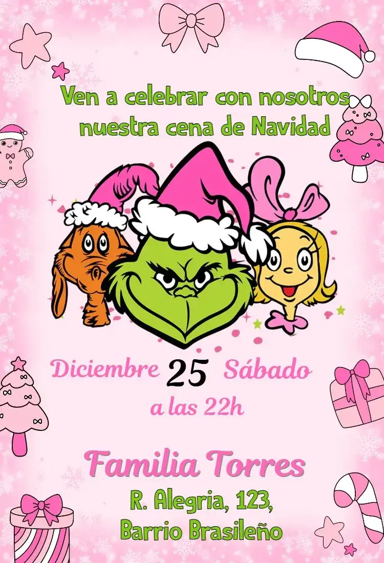 Invitación Navidad con Grinch Rosa – tema Fechas Conmemorativas divertido, rosa, navideño, moderno, colorido, ilustración