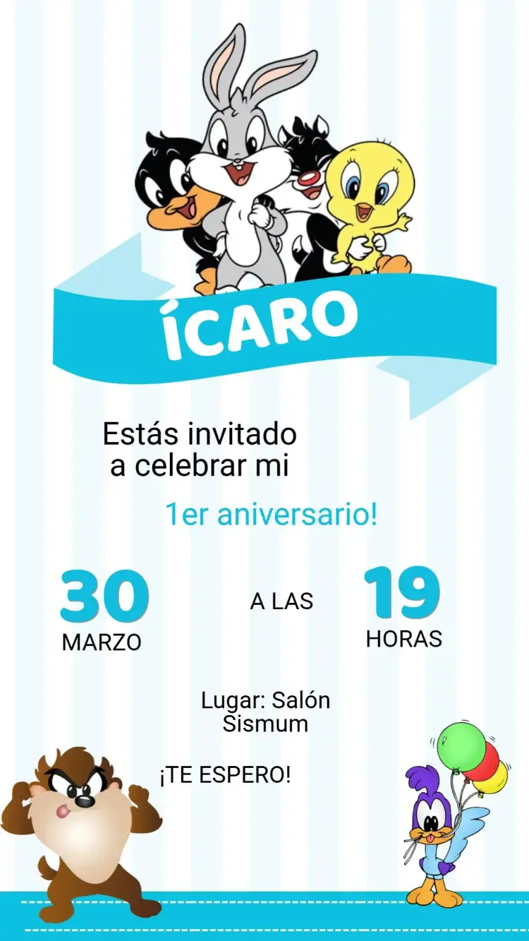Invitación Invitación Cumpleaños Baby Looney Tunes editable y personalizable