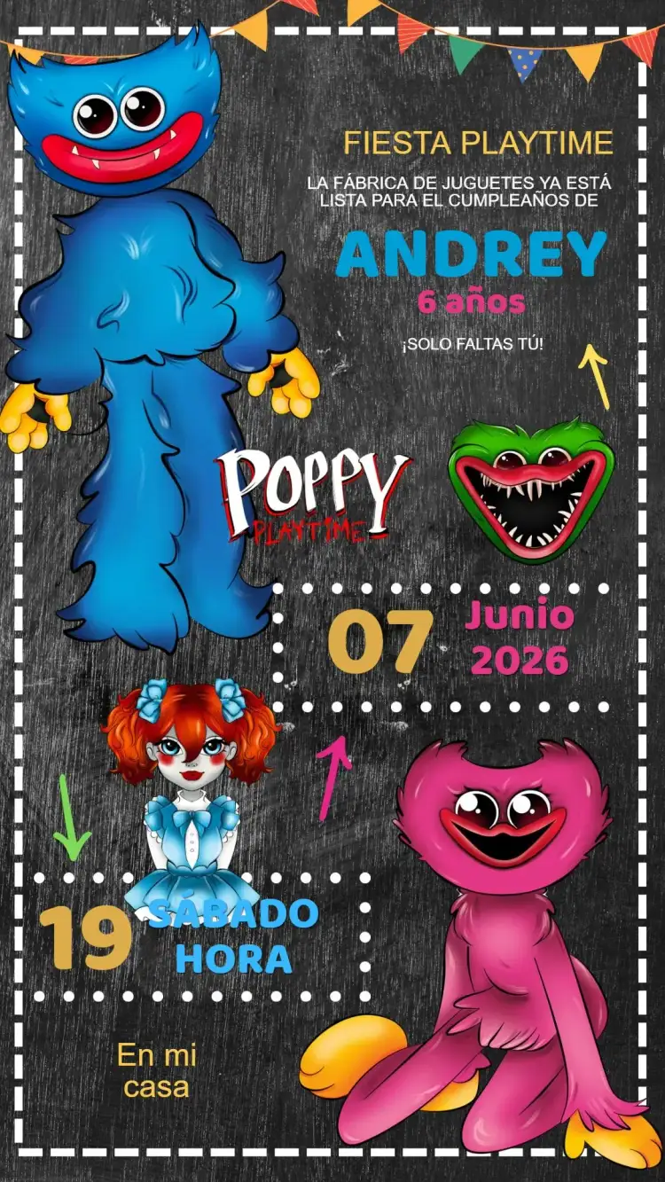 Invitación Invitación Cumpleaños Poppy Playtime – tema Cumpleaños Infantil colorido, lúdico, divertido, moderno, temático