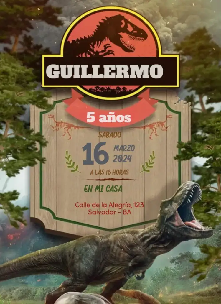 Invitación Jurassic Parque Reino T-Rex – tema Cumpleaños vibrante, jurásico, aventura, colorido, divertido, animales