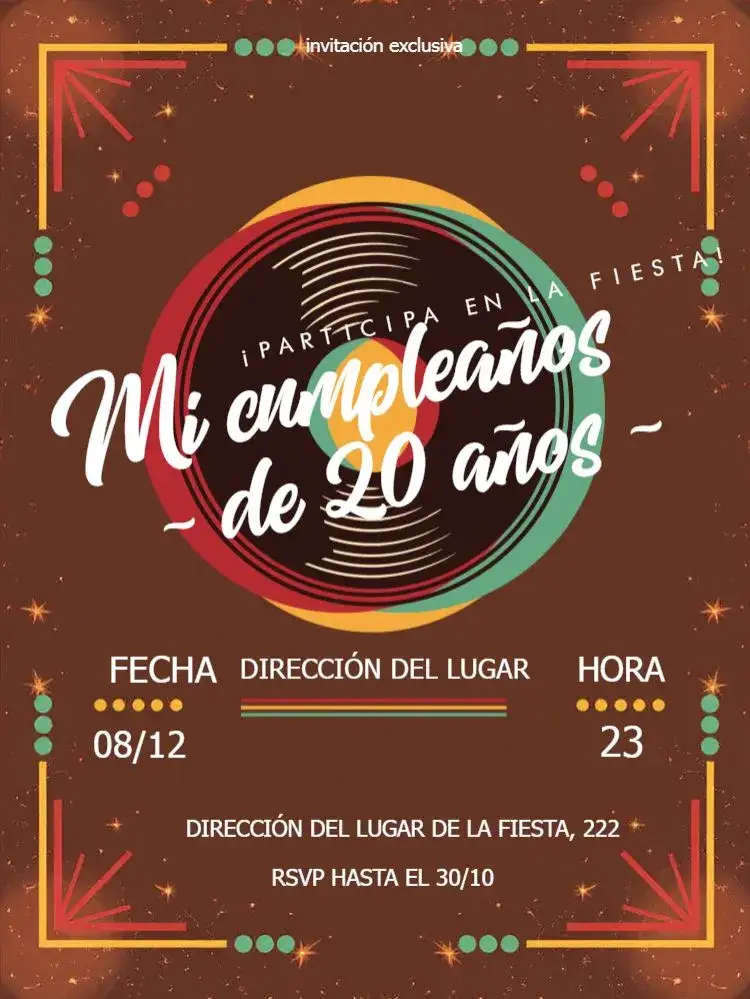 Invitación Rock - Vinil Vintage Marrón – tema Cumpleaños vintage, rock, marrón, música, retro