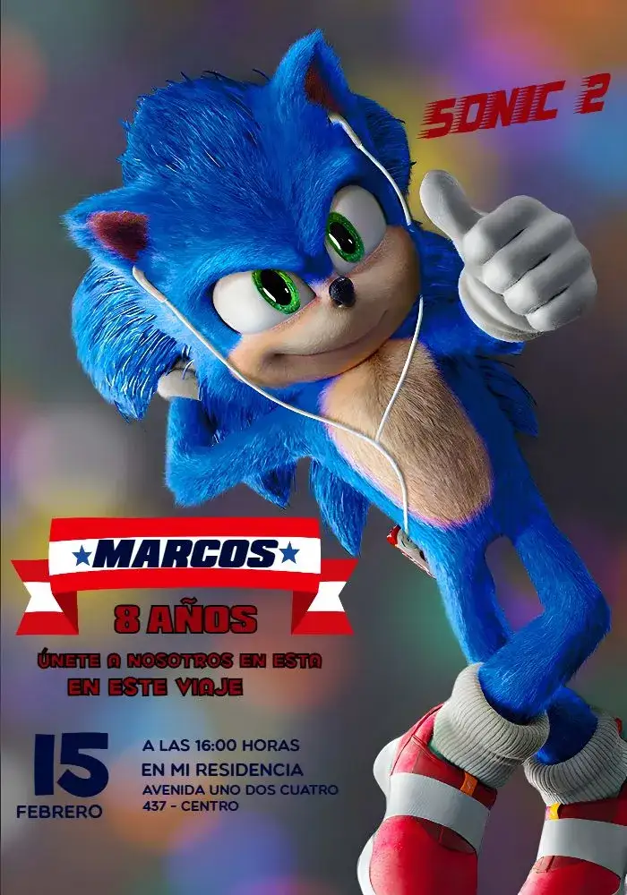 Invitación Sonic Azul – tema Más buscados vibrante, colorido, temático, moderno, jogos, infantil
