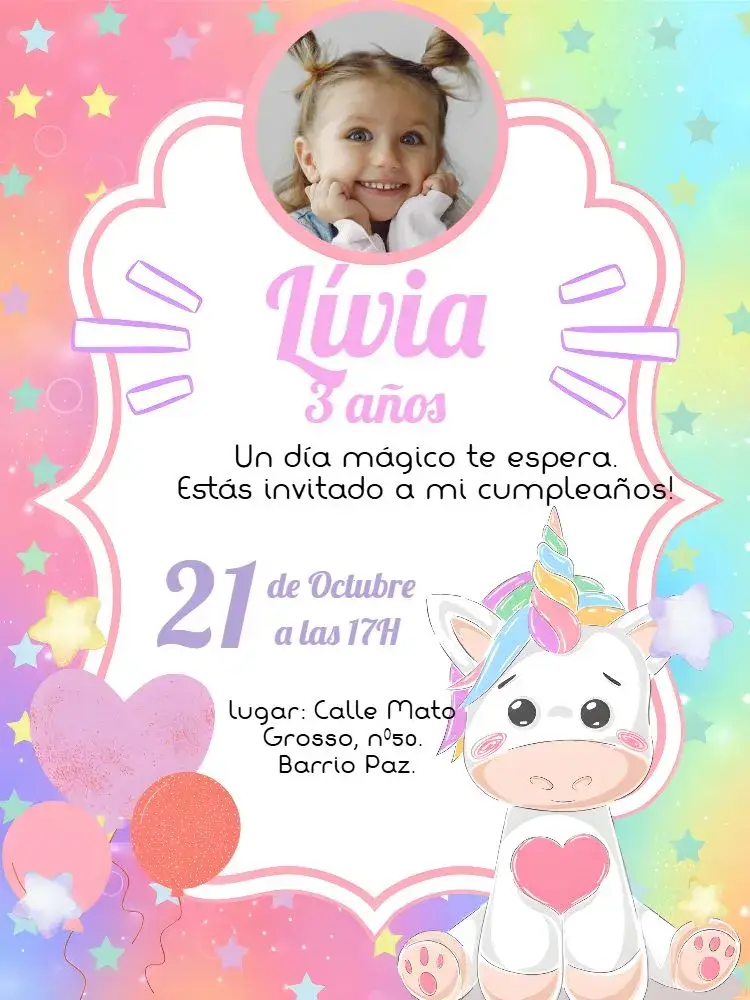 Invitación Unicornio Con Foto Amarillo