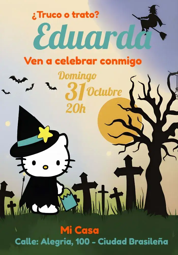 Invitación Hello Kitty Halloween Día – tema Fechas Conmemorativas colores vibrantes, estilo lúdico, elementos gráficos de Halloween, tierno y divertido, ilustraciones coloridas, diseño moderno