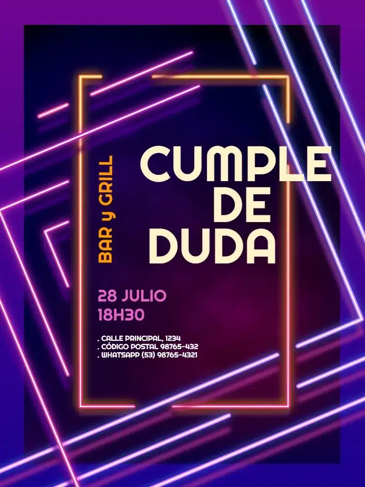 Invitación Neón Moderno – tema Cumpleaños Infantil neón, moderno, oscuro, morado, naranja, joven