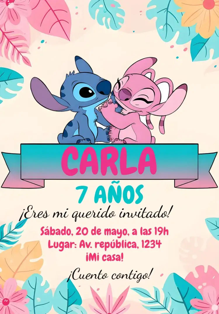 Invitación Stitch Y Angel Lilo – tema Más buscados colorido, divertido, temático, juguetón, tropical