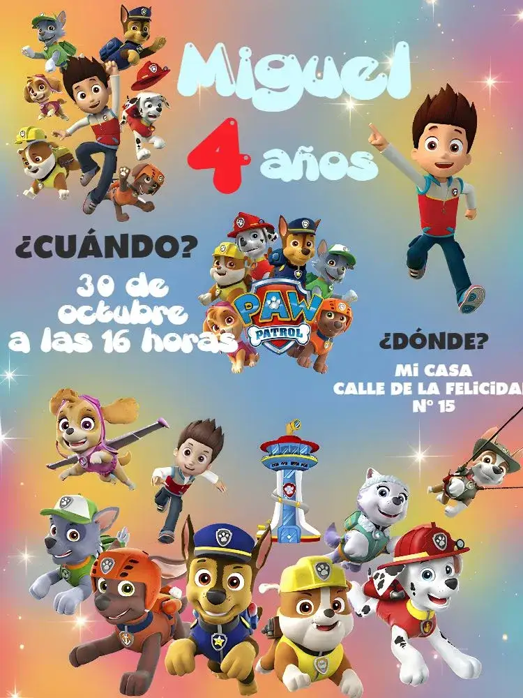 Invitación Patrulla Canina Azul – tema Cumpleaños Infantil azul, blanco, verde, nubes, divertido, temático
