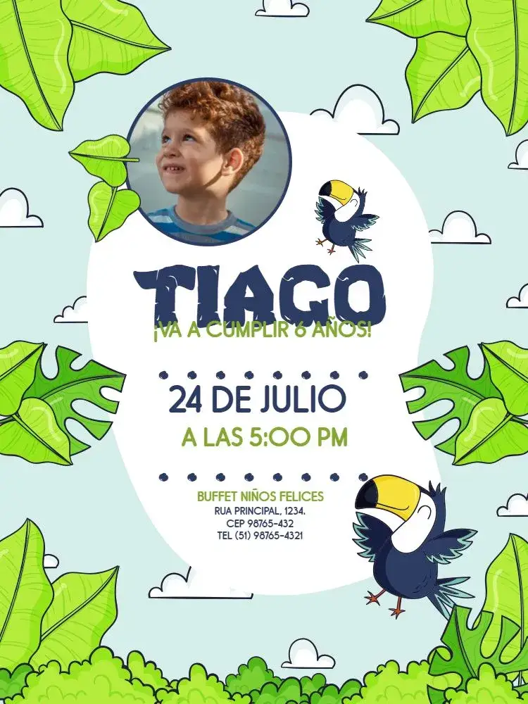Invitación Celebración Tropical Infantil – tema Cumpleaños Infantil tropical, colorido, lúdico, animales, hojas, vibrante