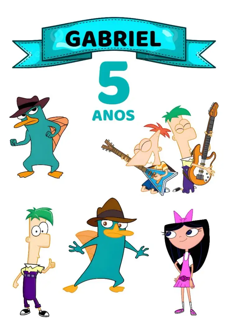 Invitación Topper de Pastel Phineas y Ferb – tema Topper de torta colorido, divertido, infantil, temático, ilustraciones animadas