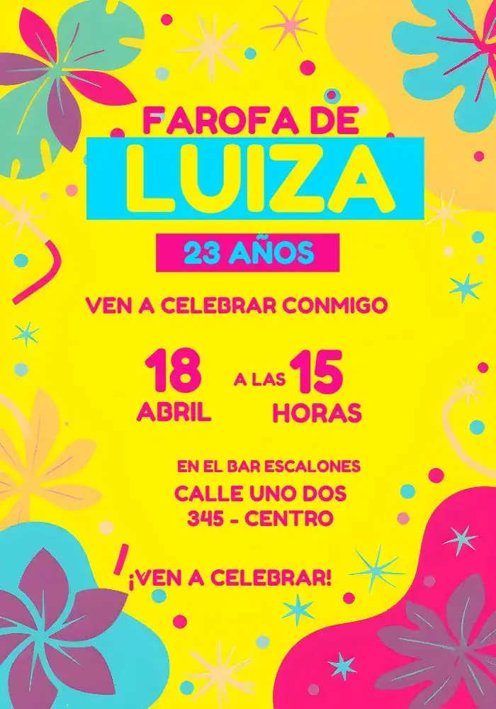 Invitación Farofa Tardezinha – tema Despedida de Soltera tropical, colorido, veraniego, relajado, gráfico, moderno