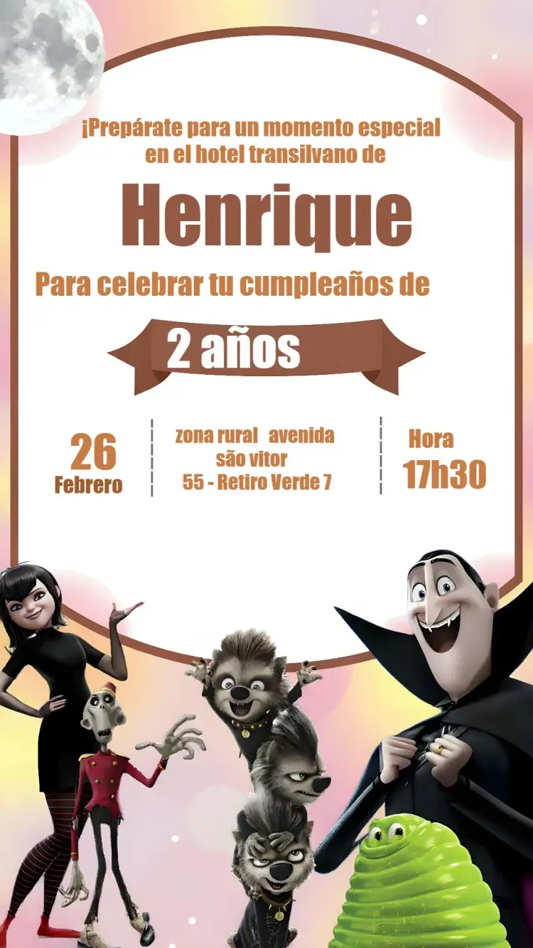 Invitación Hotel Transilvânia Infantil – tema Cumpleaños Infantil colorido, temático, divertido, fantástico, ilustraciones animadas, vibrante