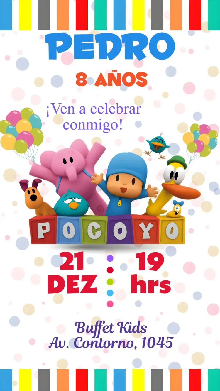 Invitación Pocoyo – tema Cumpleaños Infantil colorido, divertido, lúdico, infantil, caracteres animados
