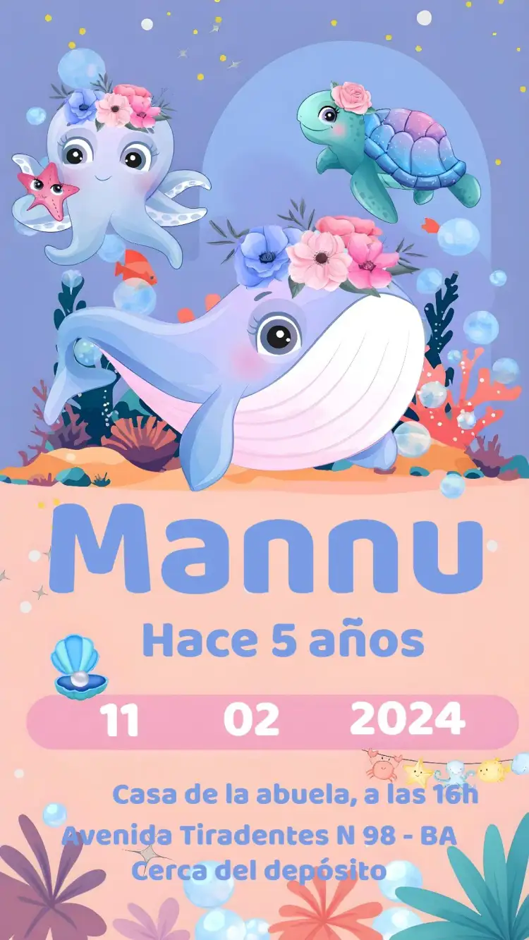 Invitación Fondo Del Mar Pulpo – tema Cumpleaños Infantil fondo marino, animales marinos, azul y blanco, divertido, colorido, infantil