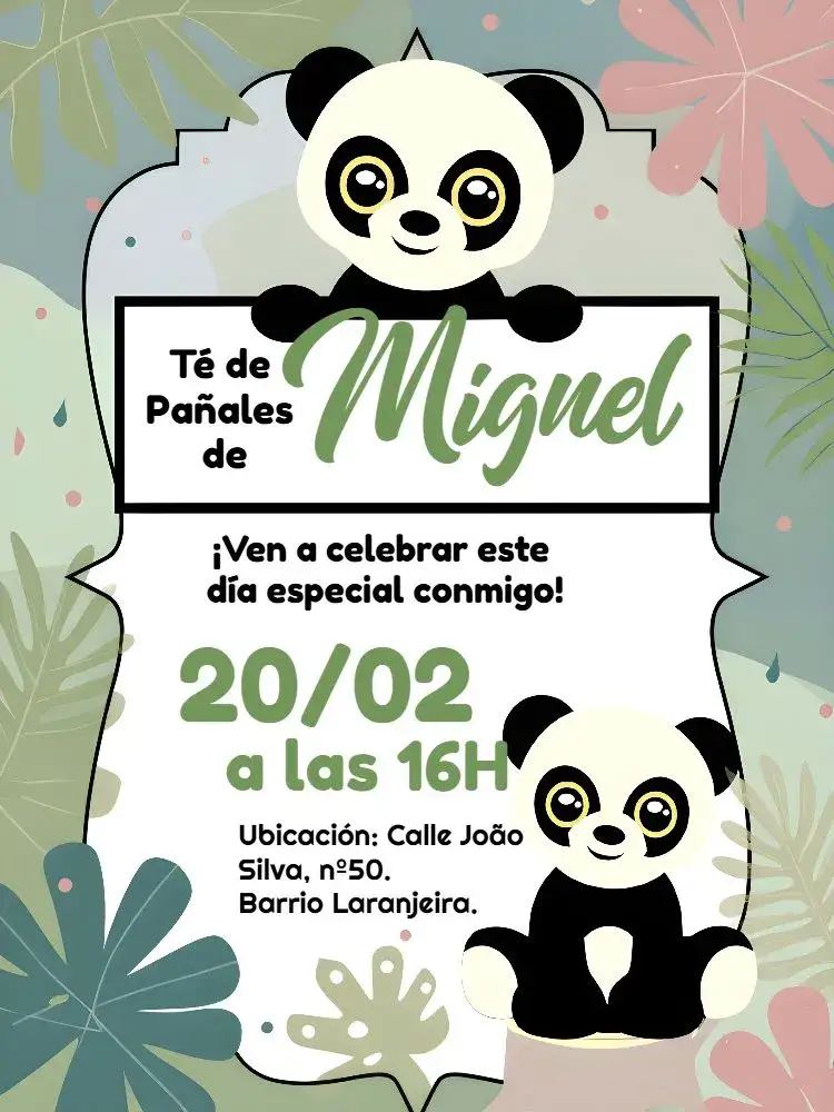 Invitación Baby Shower Oso Panda Bebé – tema Baby Shower safari, hojas verdes, osos de peluche, colores suaves, temática infantil, modernidad