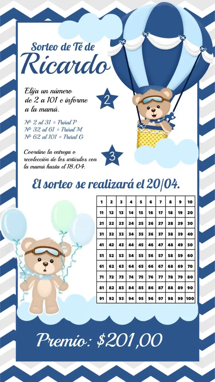 Invitación Chá Rifa Osito Globosito Oso – tema Té Rifa lúdico, azul marino, blanco, tierno, infantil, globos